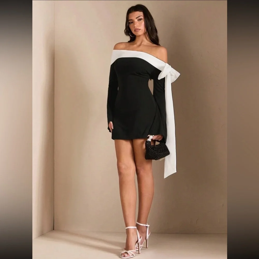 Black & White Bowknot Off-Shoulder Long Sleeve Mini Dress Size Medium NWT - Picture 1 of 10